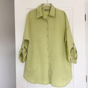 Chico’s 100% Linen Button Front Top Size 2 Lime Green Roll Tab Sleeve Tunic Top